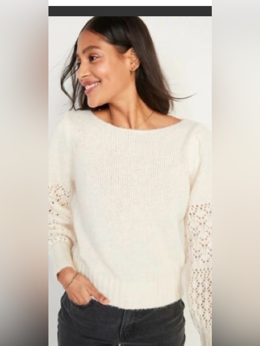 Old Navy Cream Scoopneck Knit Sweater with Eyelet Sleeves